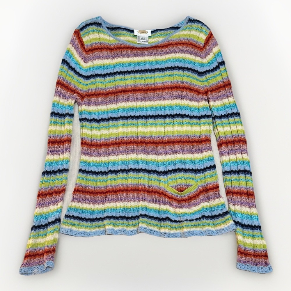 Talbots VTG Women Colorful Striped Pullover Crochet Knit Sweater Large 90s Retro